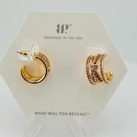 Bomb Party Hoop Earring “Luxe Is All You Need” Pink Corundum on Gold BOW Huggies - Picture 2 of 7